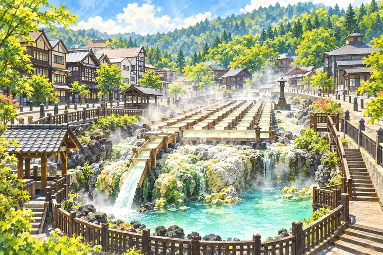 草津温泉の湯畑と湯けむりを描いたイラスト
