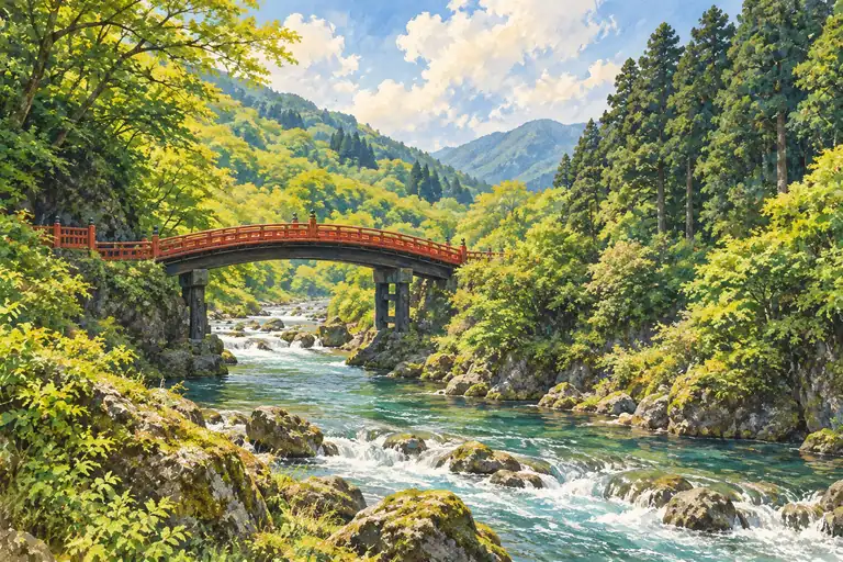 日光の神橋と森を描いたイラスト