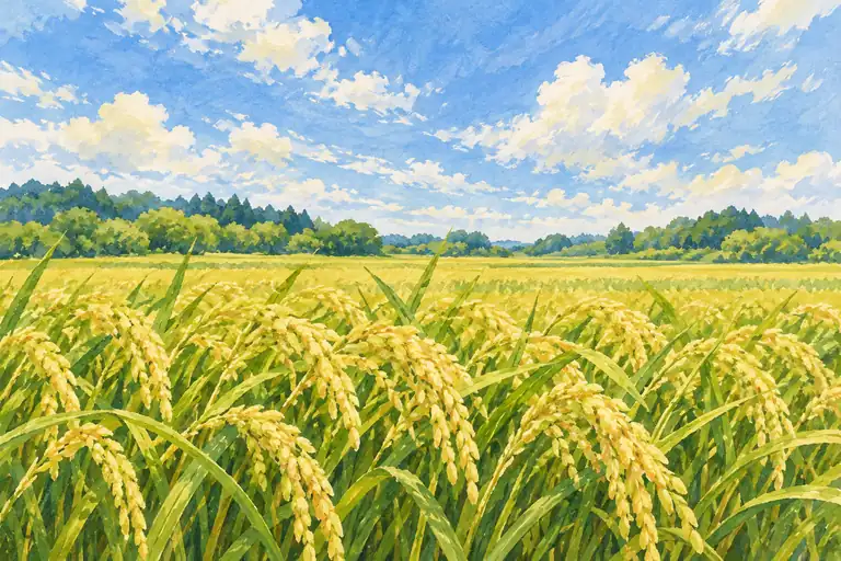 稲穂と田園を描いたイラスト